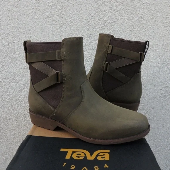 NEW Teva Ellery Ankle boots leather waterproof olive SIZE 5 DARK OLIVE NIB - Picture 1 of 8